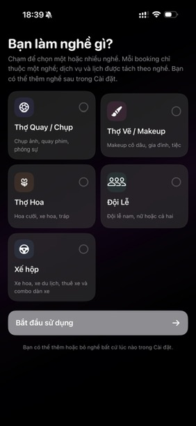 Màn hình chọn nghề dịch vụ trong MuseNote