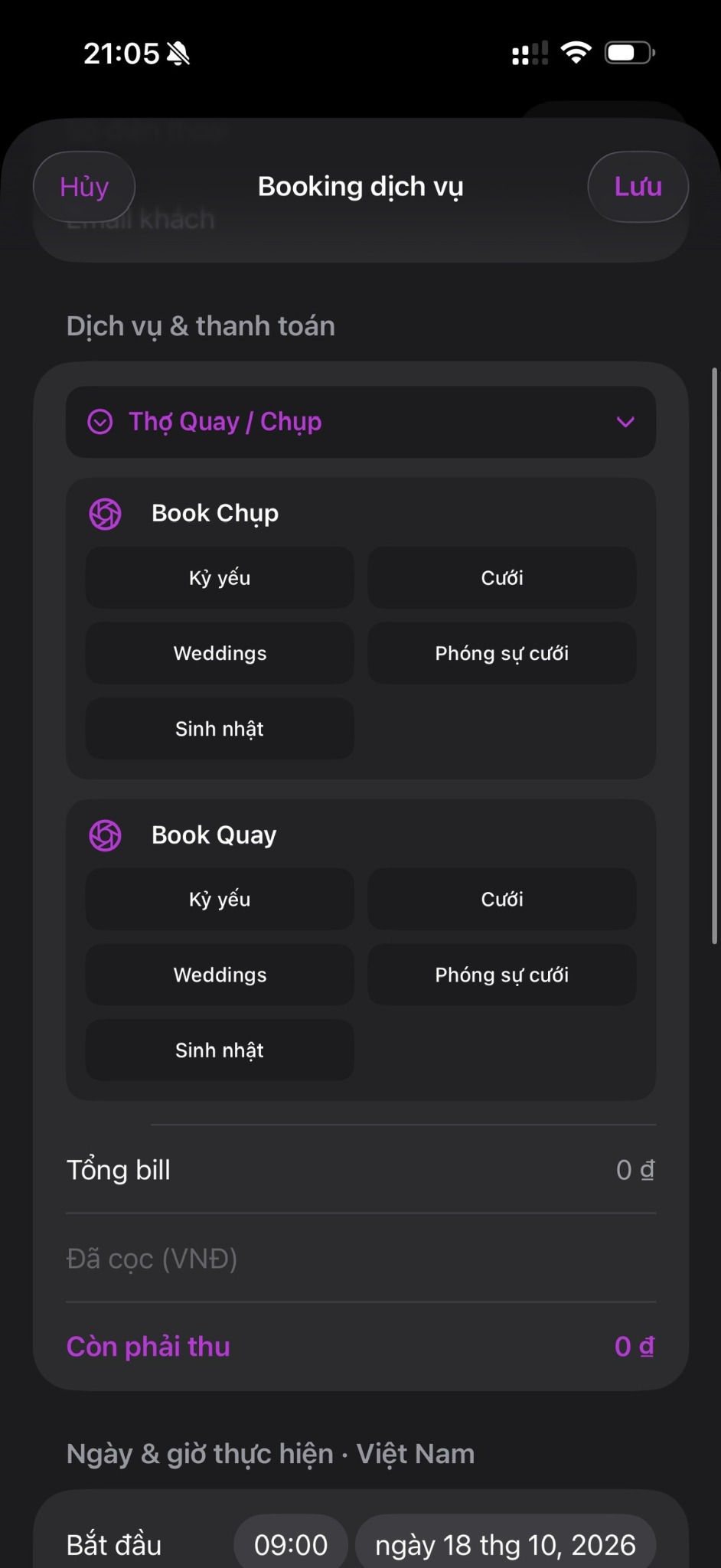 Giao diện chọn gói dịch vụ khi tạo booking trong MuseNote